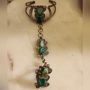 Silver & Turquiose Cuff Bracelet With Attached Ring